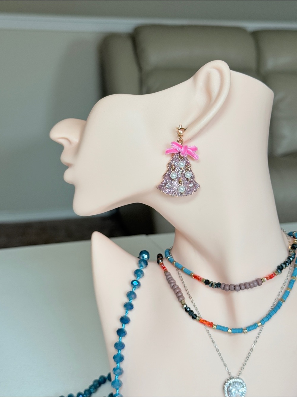 Pink Rhinestone Christmas Tree Drop Earrings with Bow
